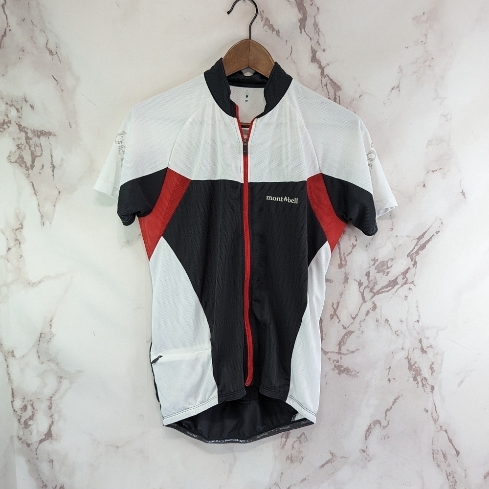 Montbell Cycling Jersey Women Medium Black White Red Bike Pocket Zip
